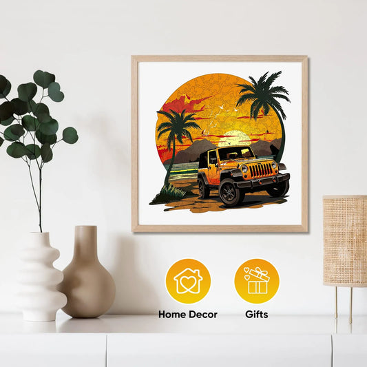 Retro wooden jigsaw puzzle – sunset car design by WoodAha