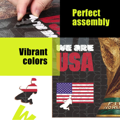 FIFA World Cup 2026 USA trophy wooden puzzle with laser-cut pieces