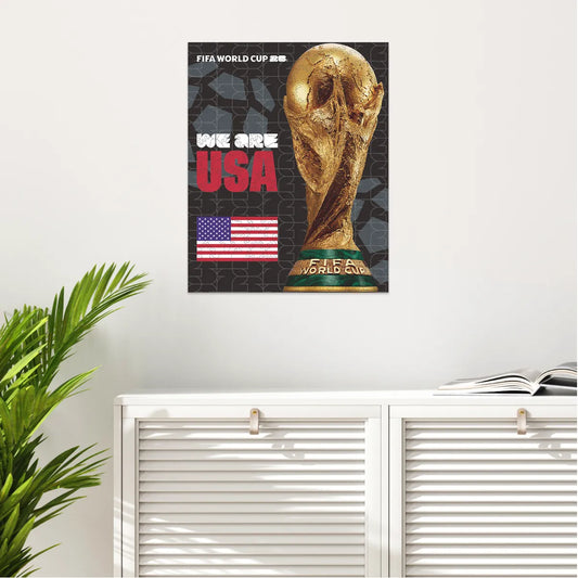 World Cup 2026 wooden puzzle – USA trophy poster design