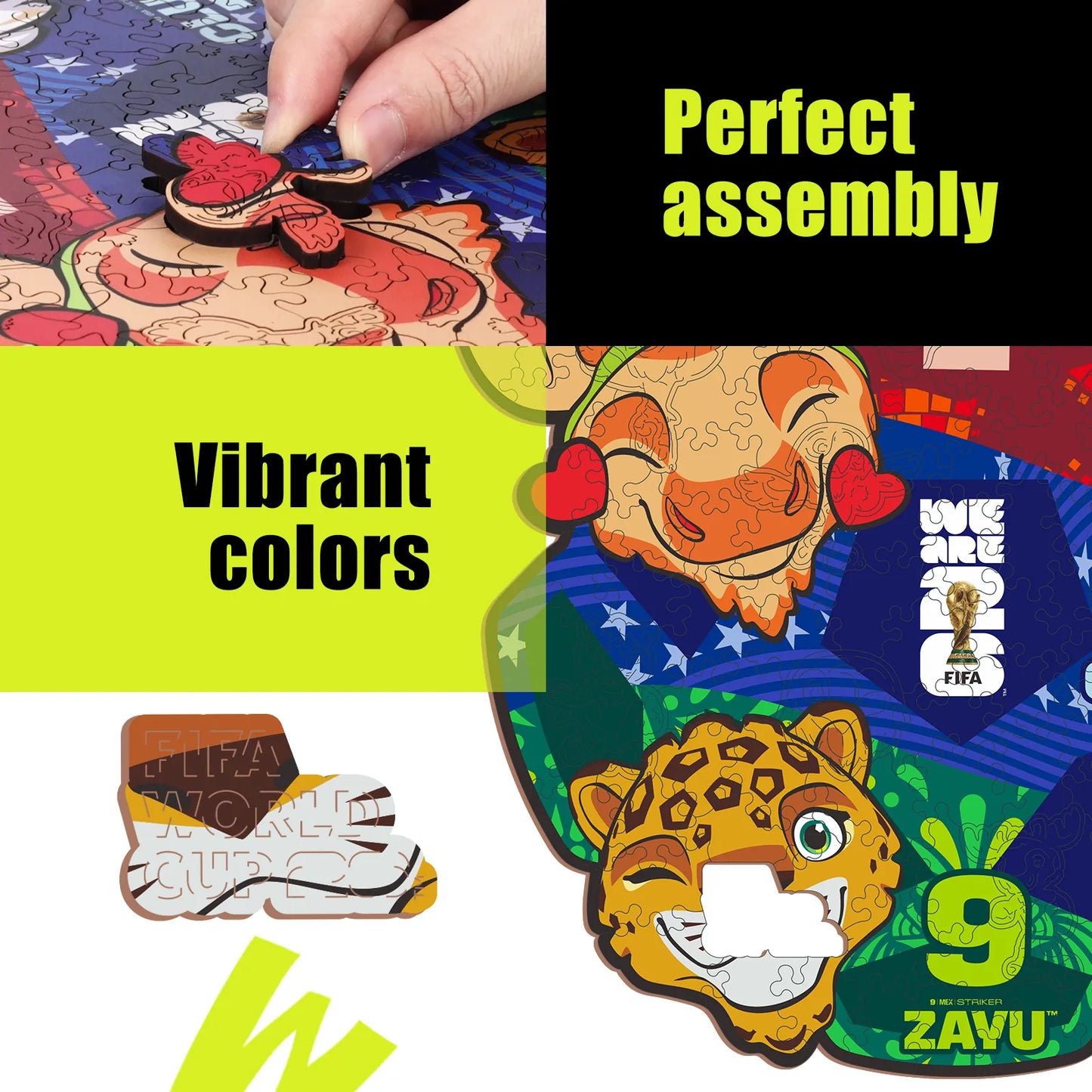 FIFA World Cup 2026 mascots wooden puzzle with laser-cut pieces