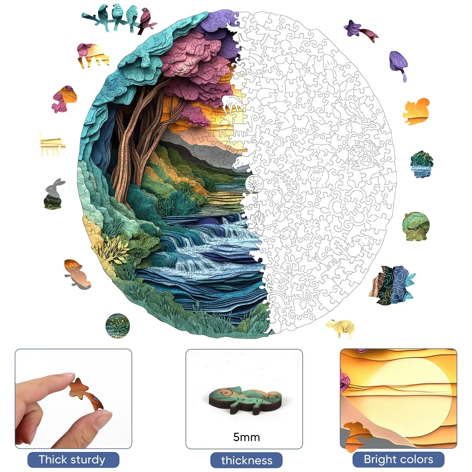 Nature landscape wooden puzzle with laser-cut wood pieces