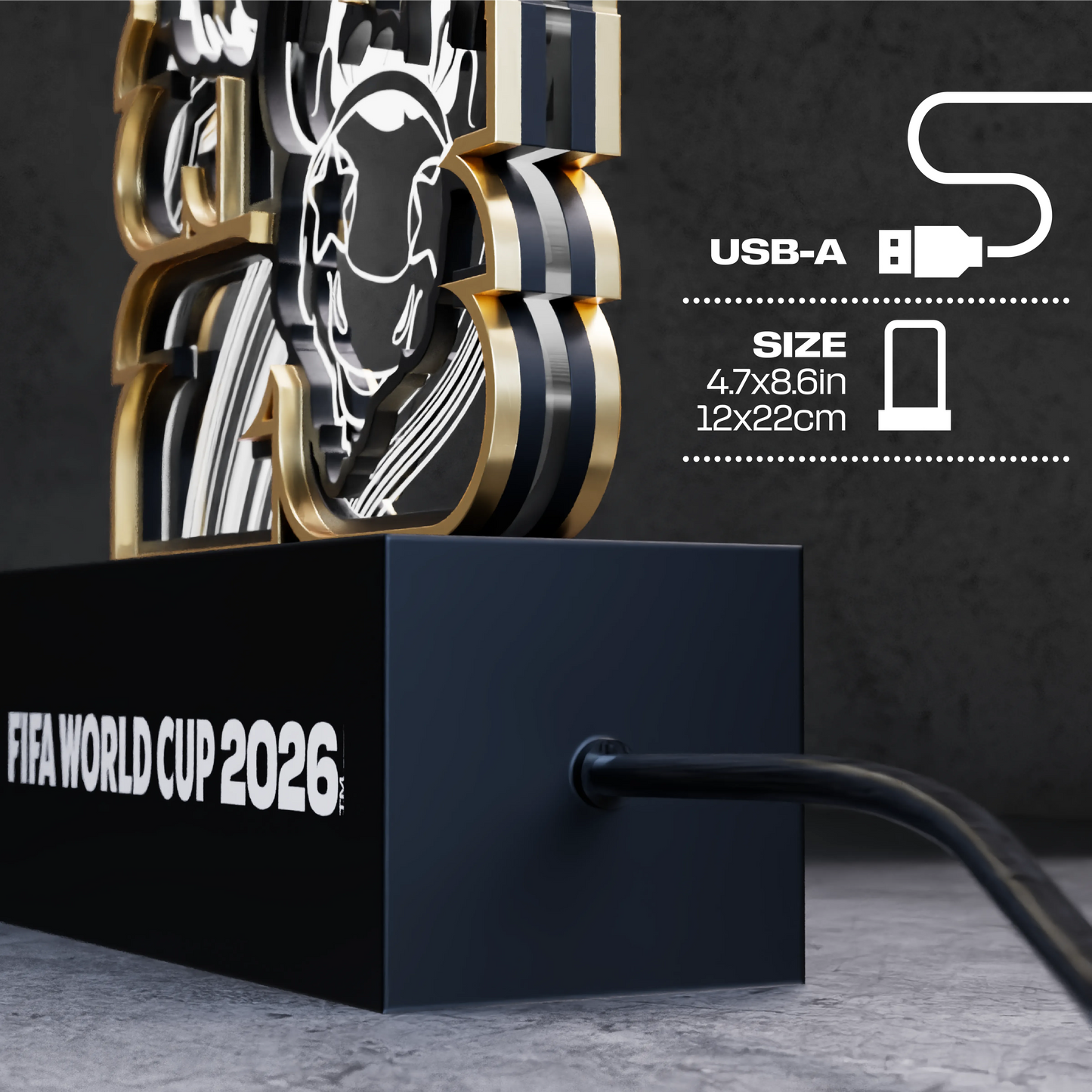 FIFA World Cup 2026 mascots wooden LED lamp detail