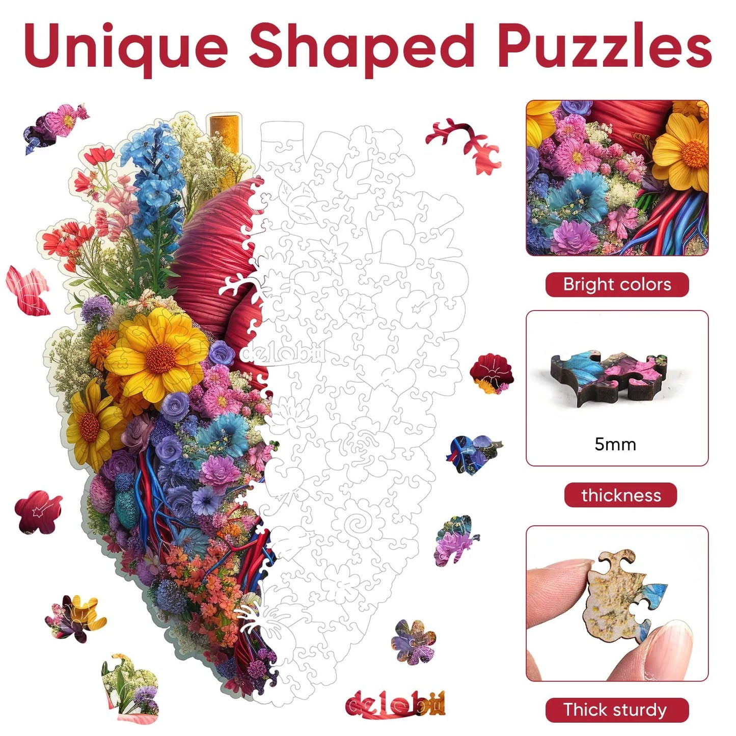 Whimsical wooden jigsaw puzzle – beating heart love design