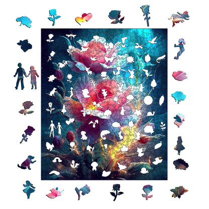 Blooming tulips wooden puzzle with laser-cut wood pieces