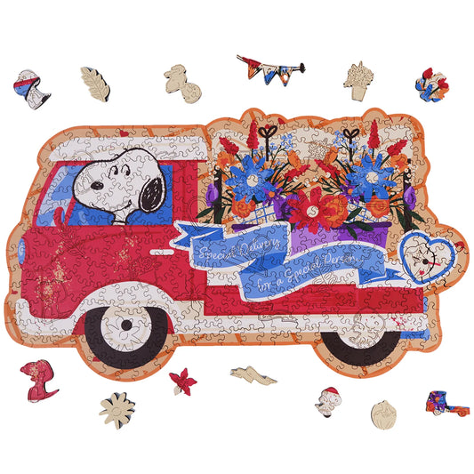 Officially licensed Snoopy Blooms on Wheels wooden jigsaw puzzle