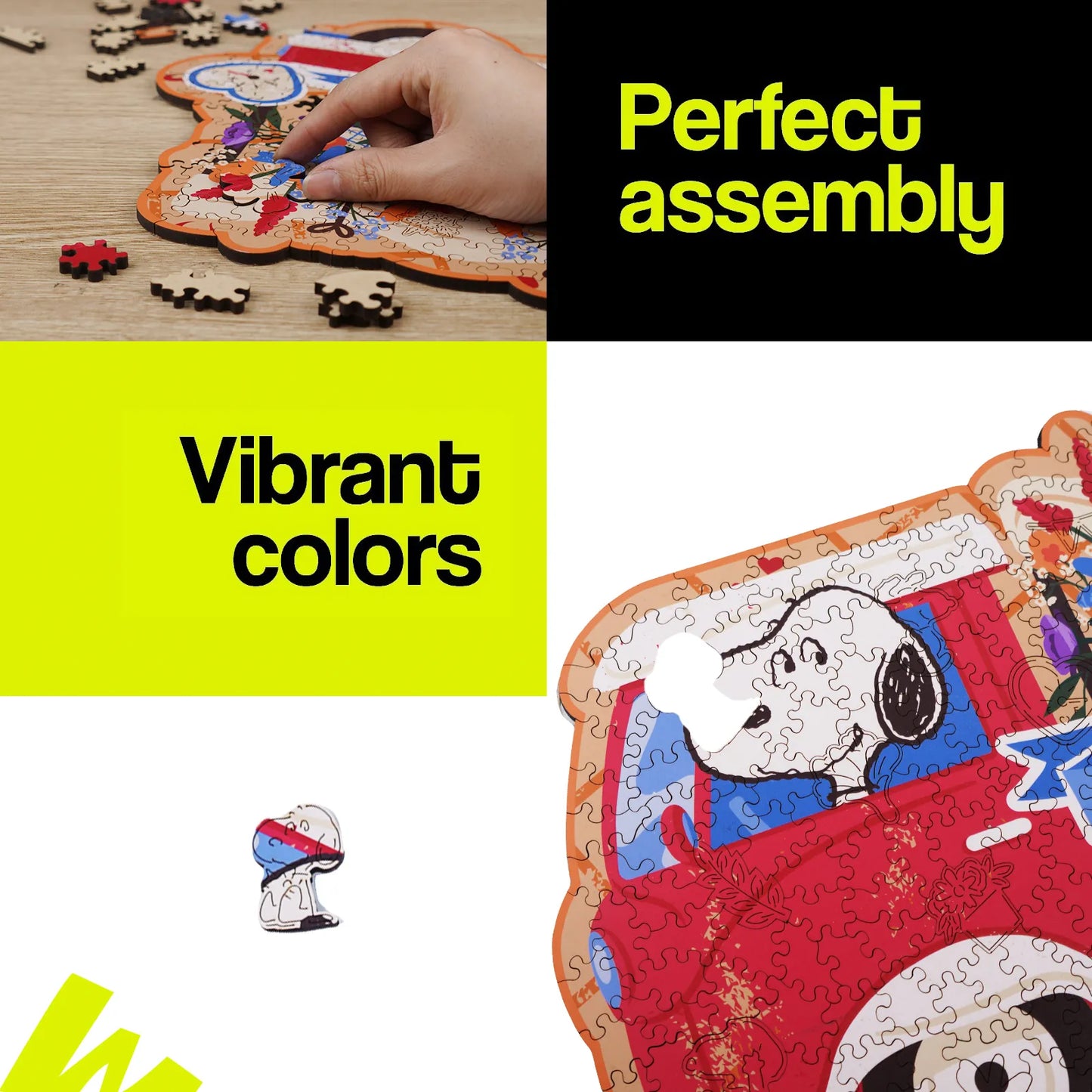 Snoopy Blooms on Wheels wooden puzzle with 5mm laser-cut pieces