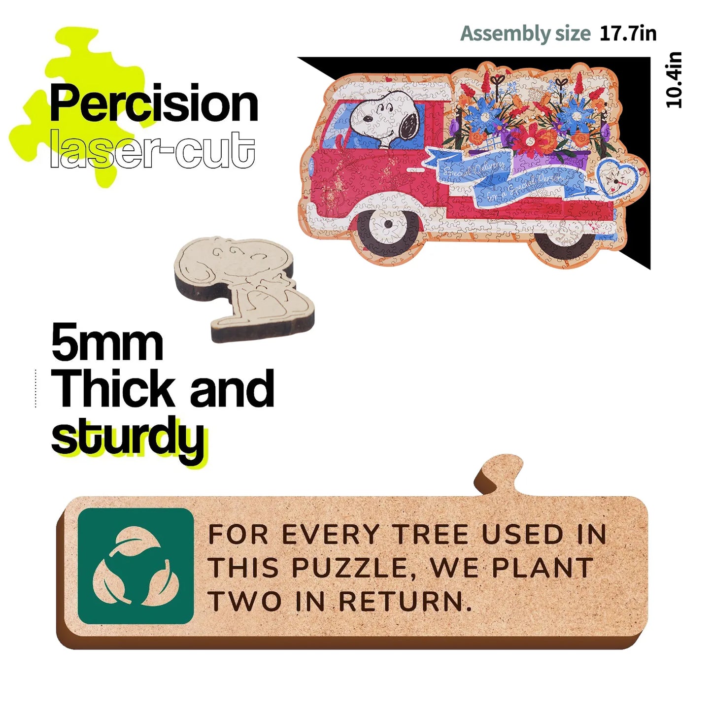 Wooden jigsaw puzzle gift – Snoopy Blooms on Wheels design