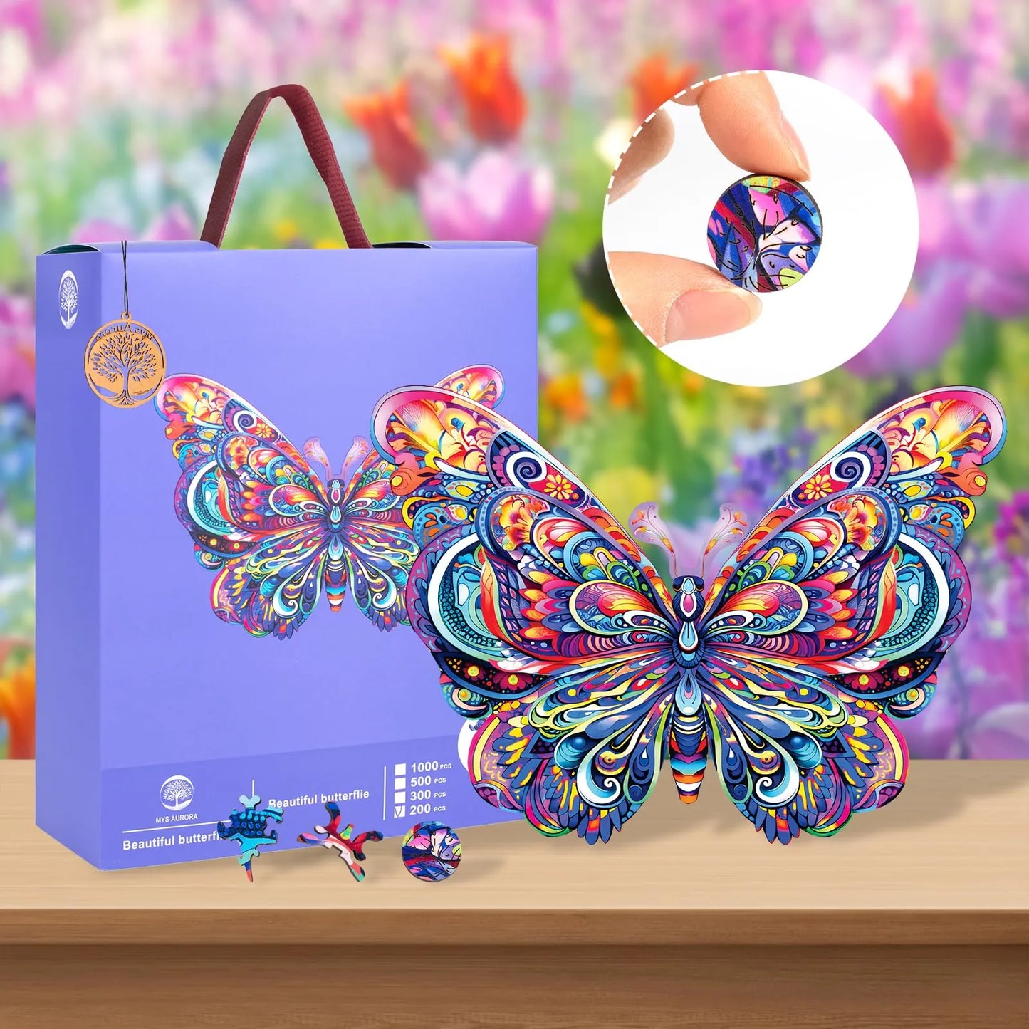 Butterfly wooden puzzle with laser-cut wood pieces