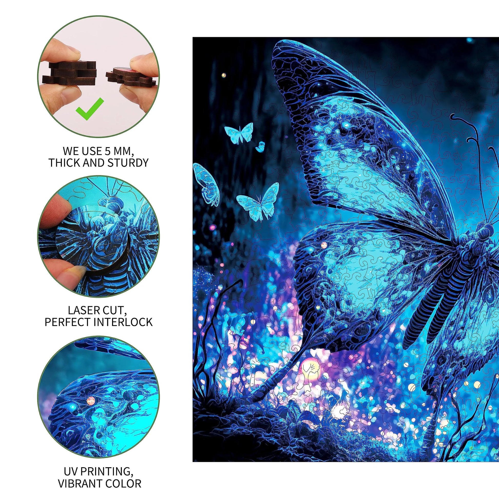 Whimsical wooden jigsaw puzzle – fluorescent butterfly design