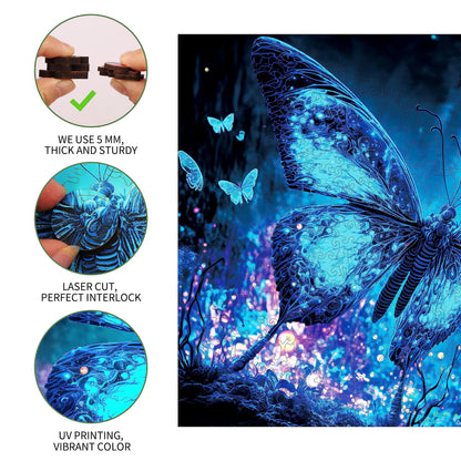Whimsical wooden jigsaw puzzle – fluorescent butterfly design