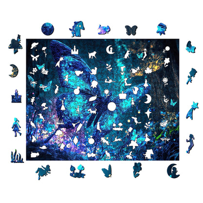 Fluorescent butterfly wooden puzzle with laser-cut wood pieces
