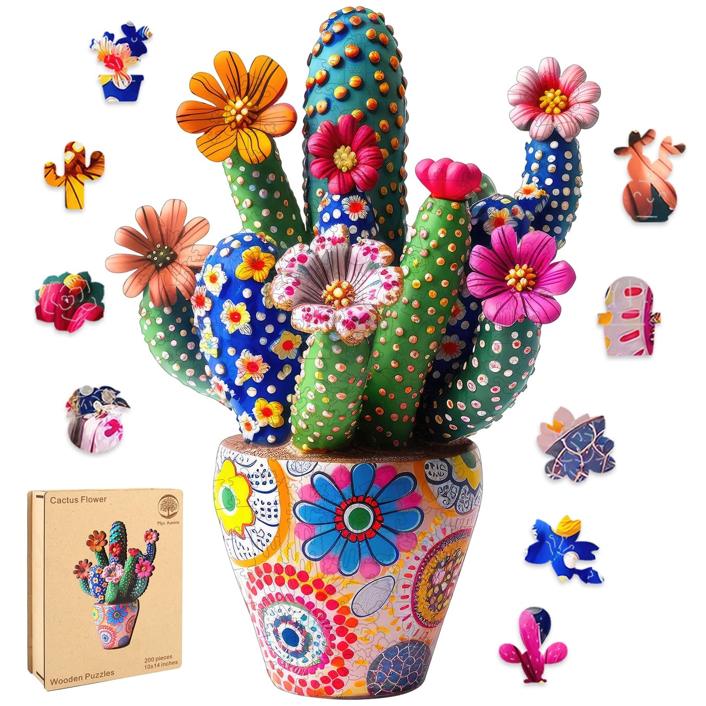 Cactus flower wooden jigsaw puzzle for adults with unique shaped pieces