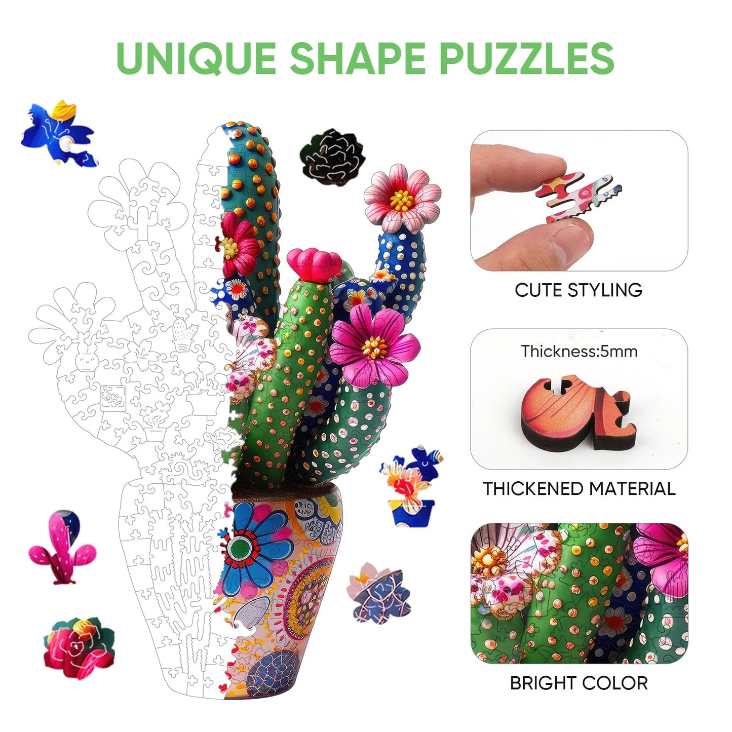 Whimsical wooden jigsaw puzzle – blooming cactus design