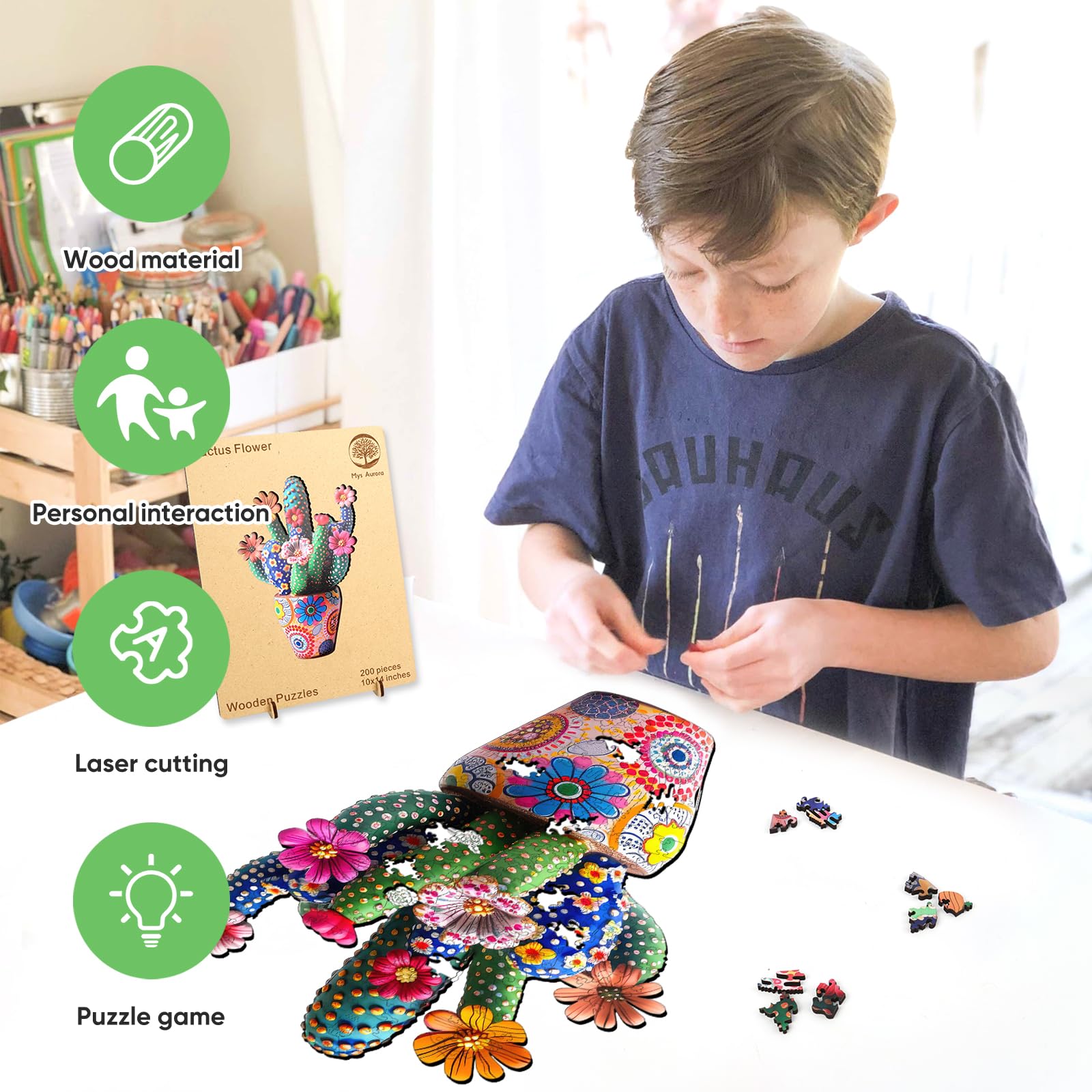Cactus flower wood puzzle for adults – 200 and 500 piece options