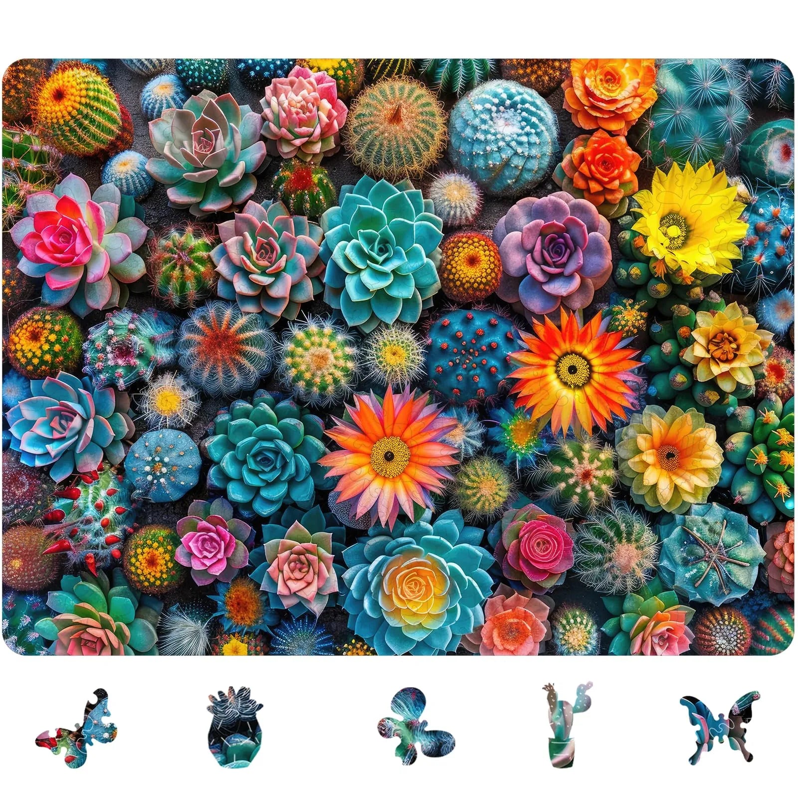 Cactus world wooden jigsaw puzzle for adults with unique shaped pieces
