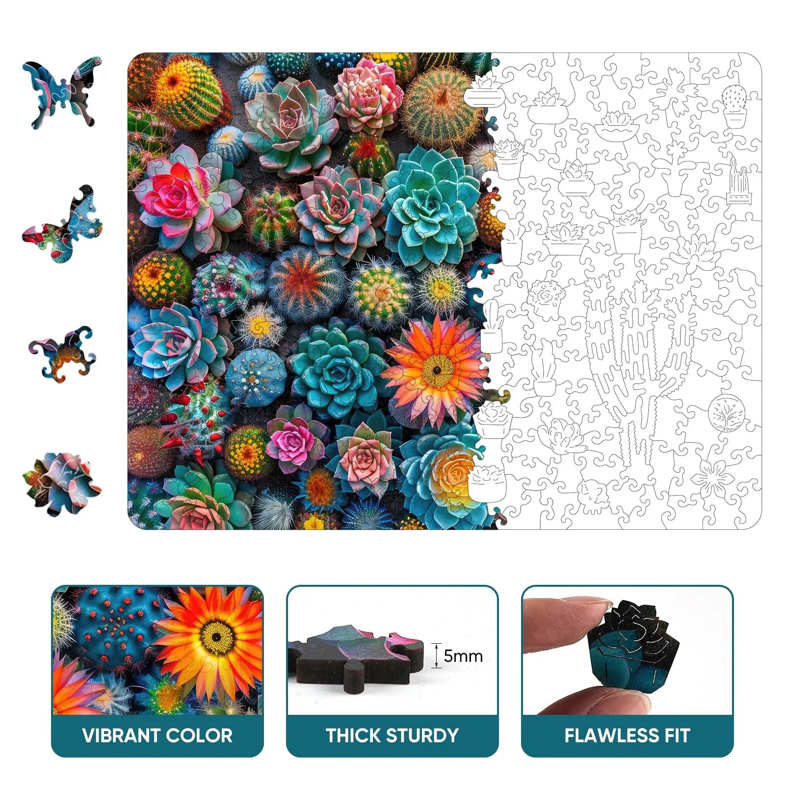 Whimsical wooden jigsaw puzzle – vibrant cactus world design