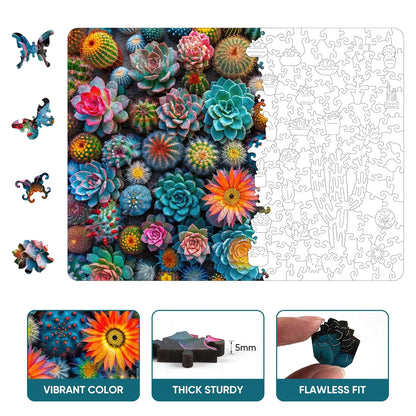 Whimsical wooden jigsaw puzzle – vibrant cactus world design