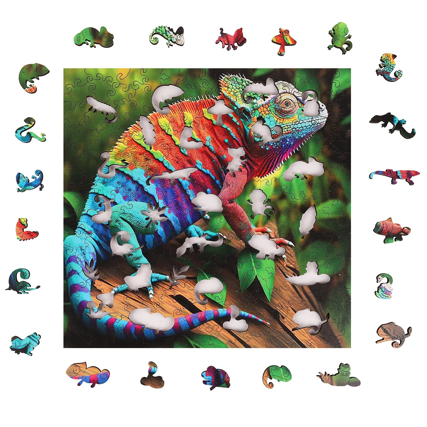 Chameleon wooden puzzle with laser-cut wood pieces