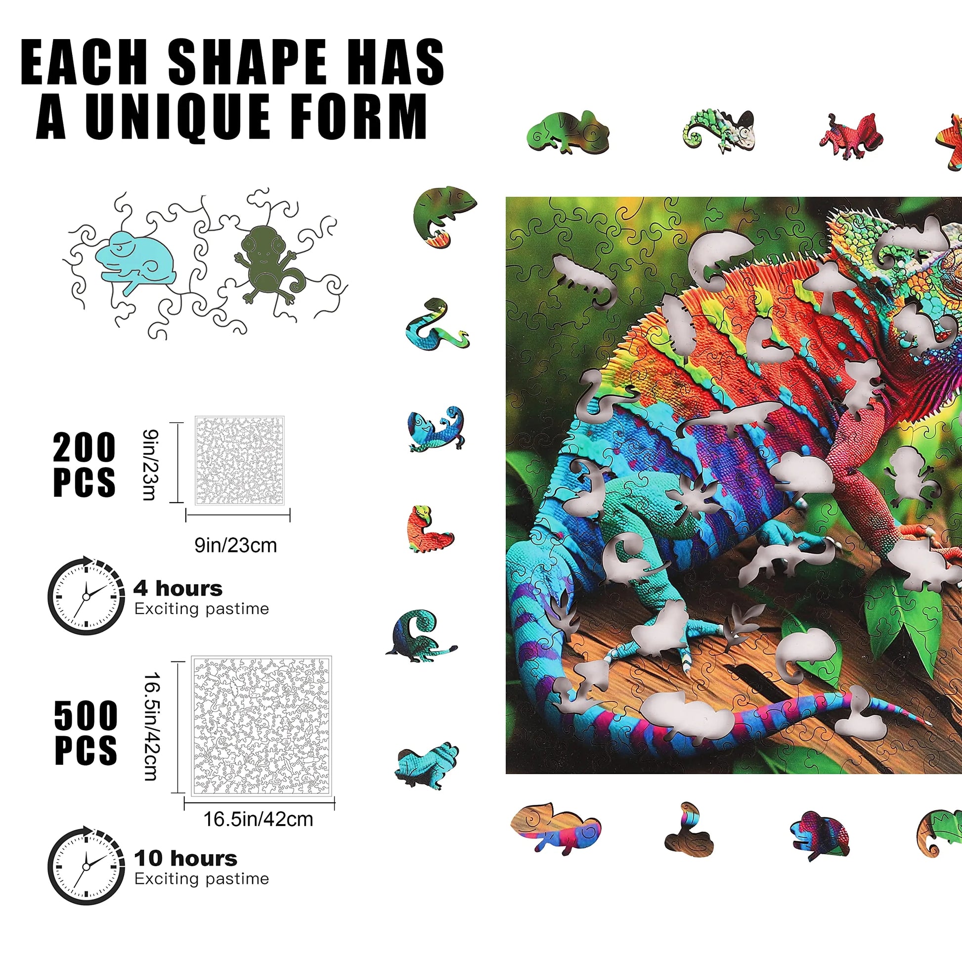 Whimsical wooden jigsaw puzzle – colorful chameleon design