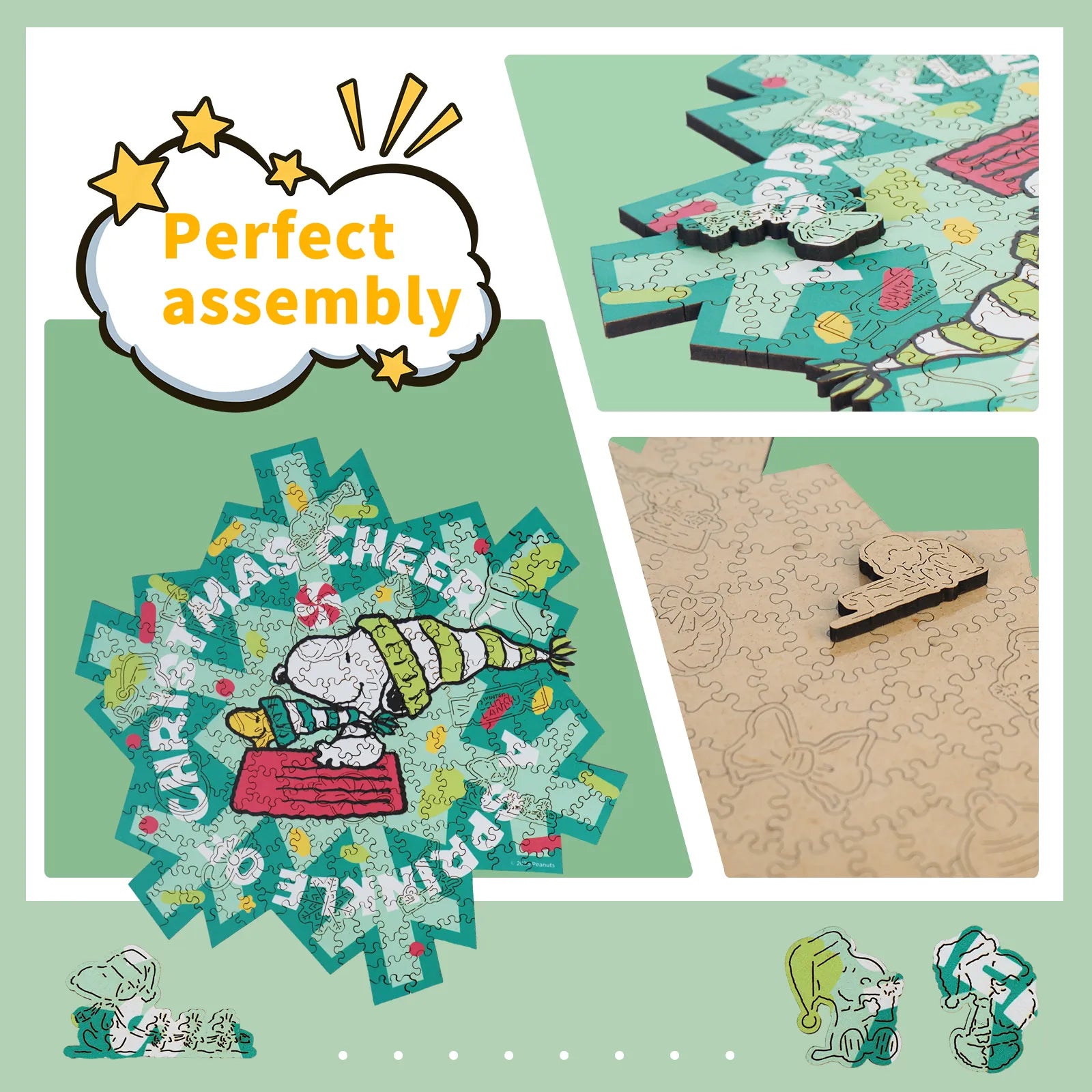 Snoopy Christmas Cheer wooden puzzle with laser-cut wood pieces