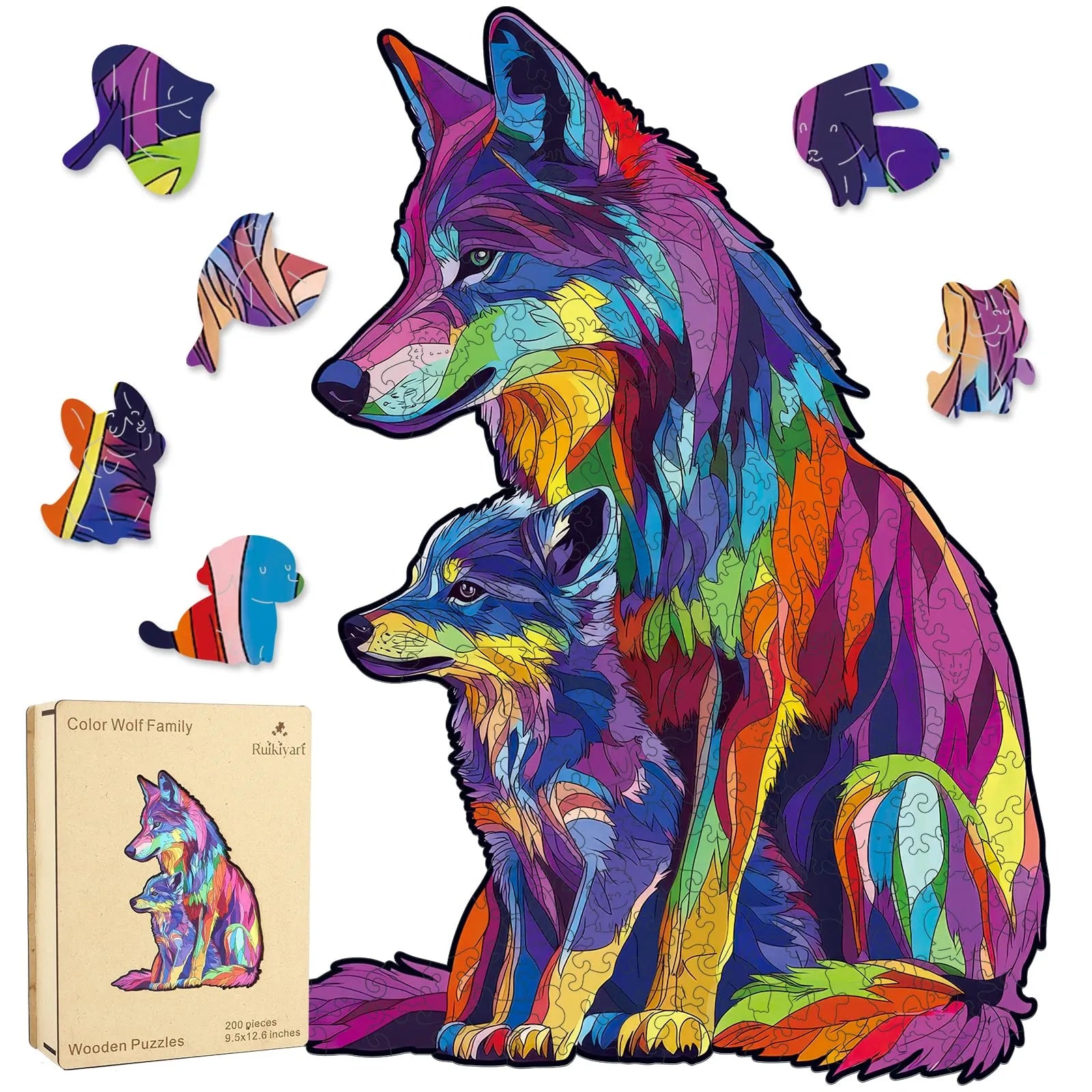 Colored wolf family wooden jigsaw puzzle for adults with unique shaped pieces