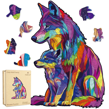 Colored wolf family wooden jigsaw puzzle for adults with unique shaped pieces