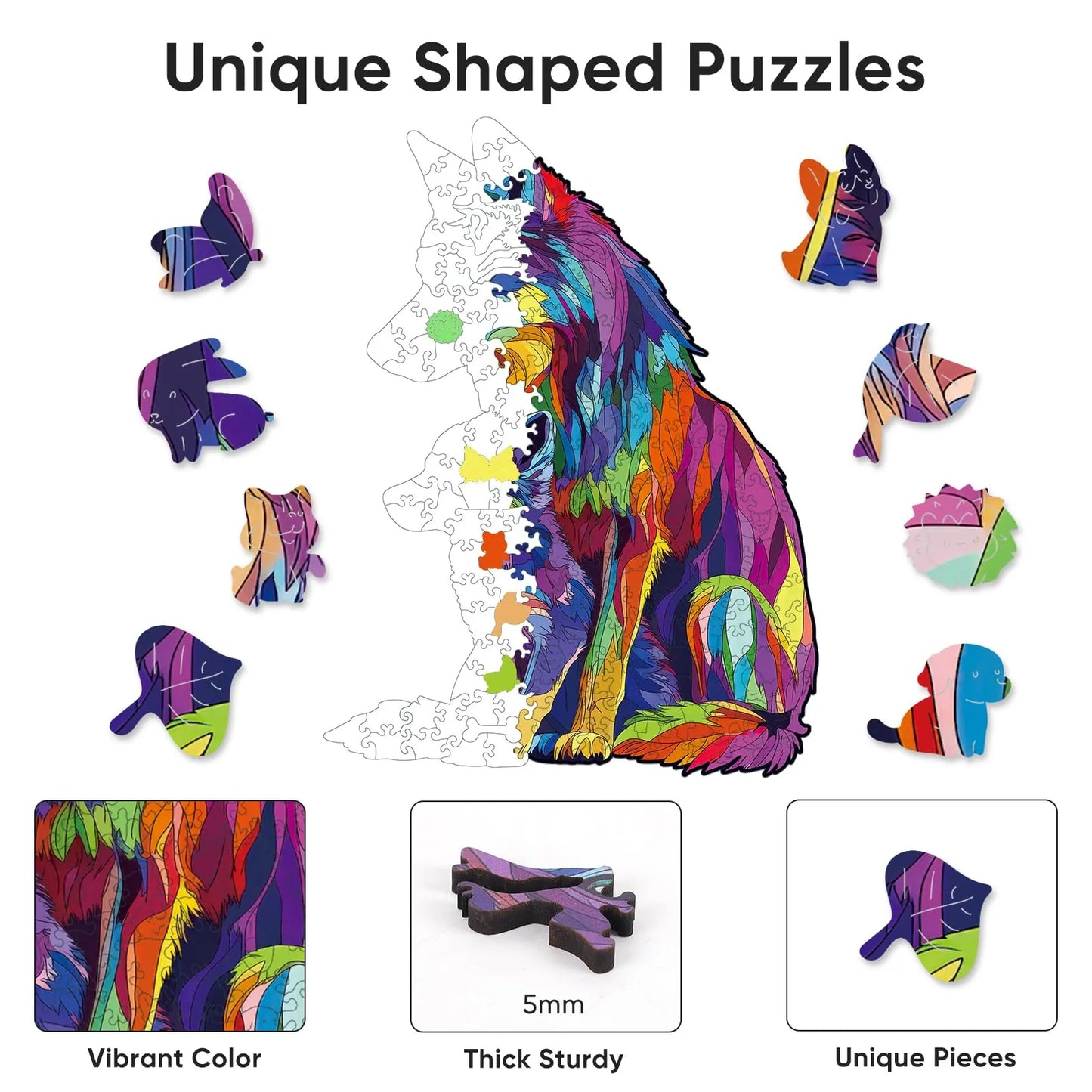 Colored wolf family wooden puzzle with laser-cut wood pieces