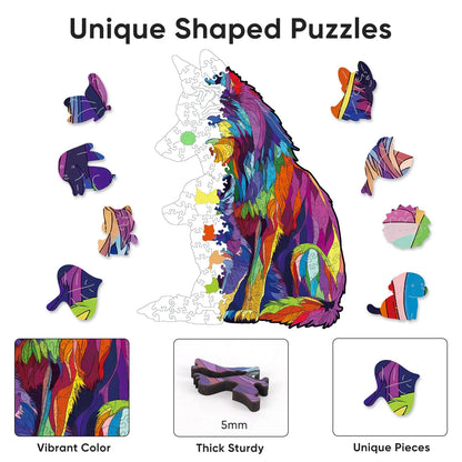 Colored wolf family wooden puzzle with laser-cut wood pieces