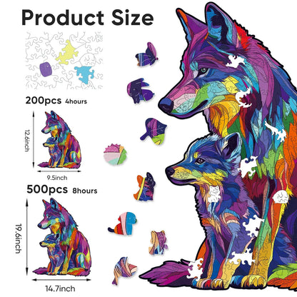 Whimsical wooden jigsaw puzzle – colored wolf pack design