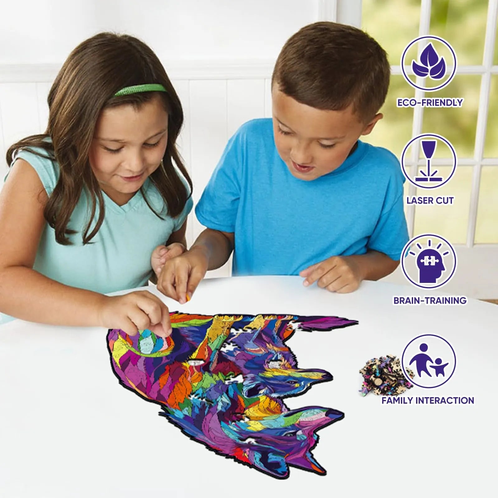 Colored wolf family wood puzzle for adults – multiple piece counts