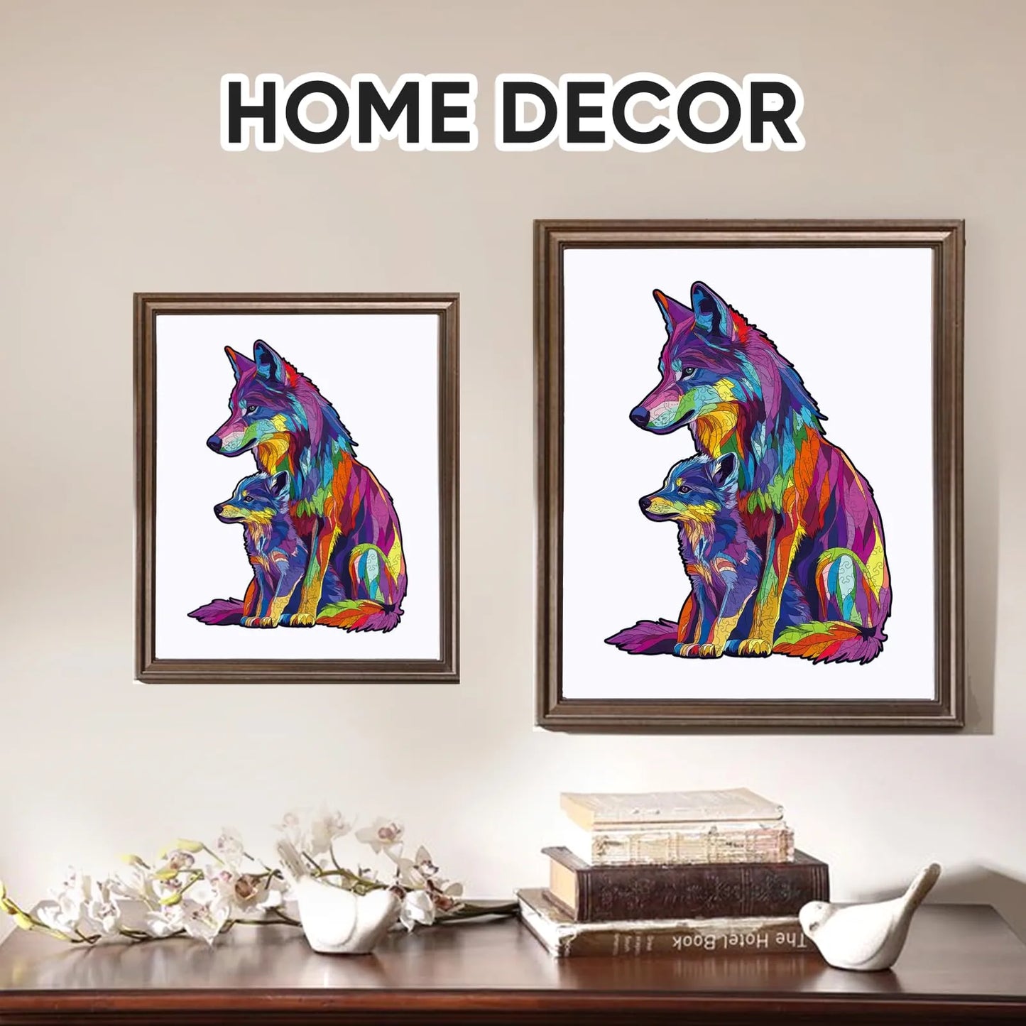 Vibrant wildlife wooden jigsaw puzzle – colored wolf family design by WoodAha