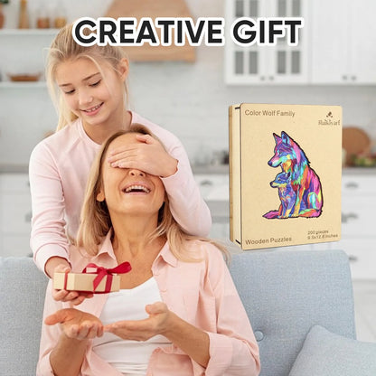 Wooden jigsaw puzzle gift – colored wolf family design