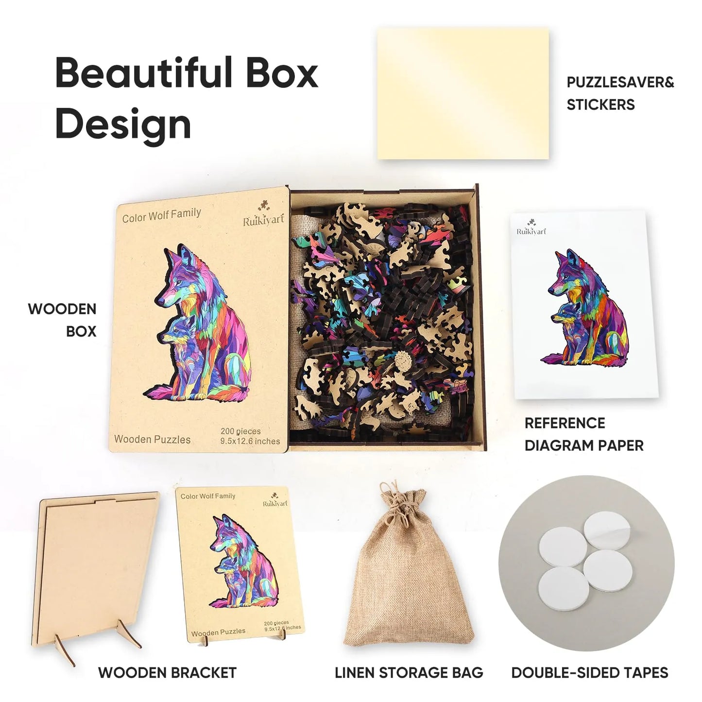 Colored wolf family design wooden jigsaw puzzle for adults