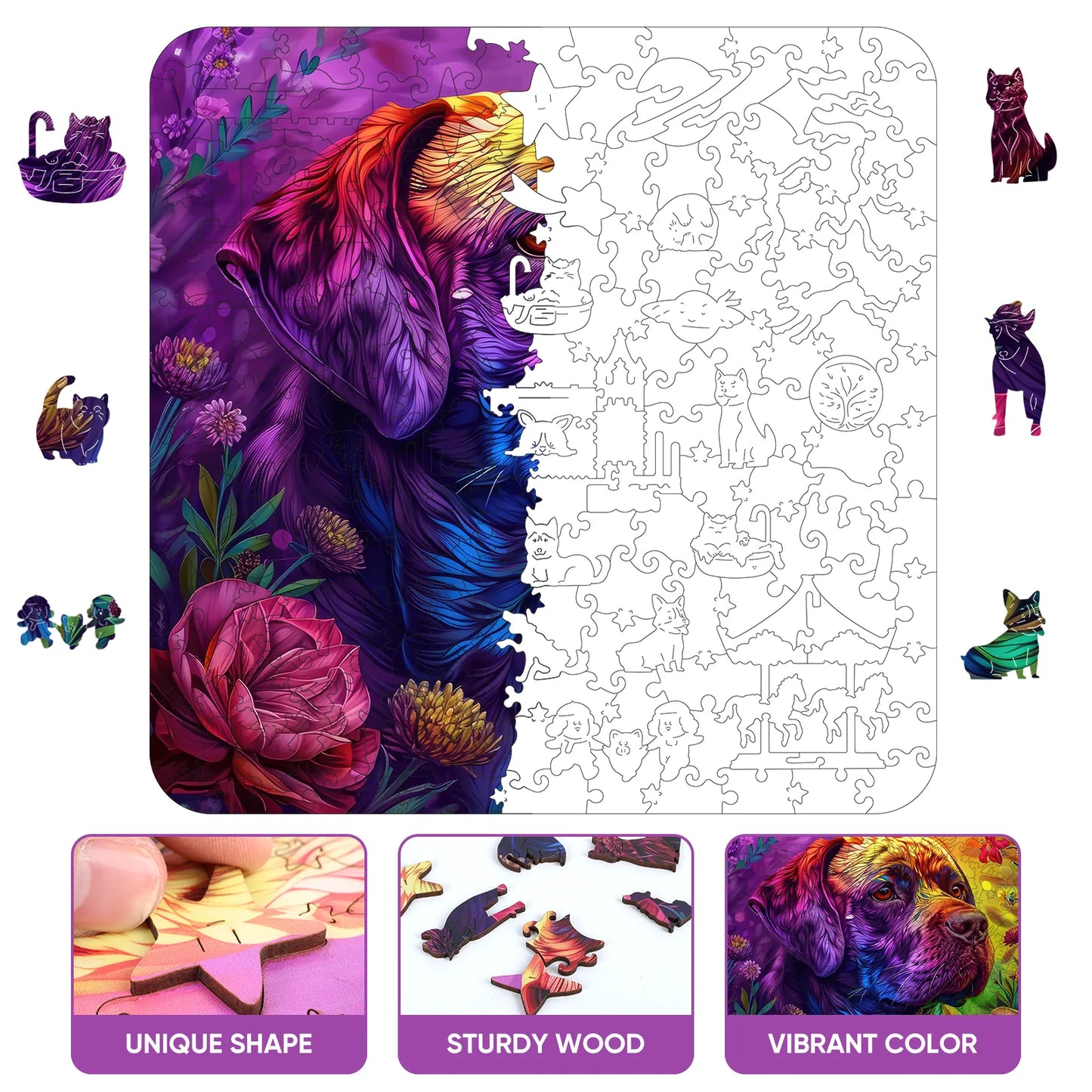 Colored dog wooden puzzle with laser-cut wood pieces