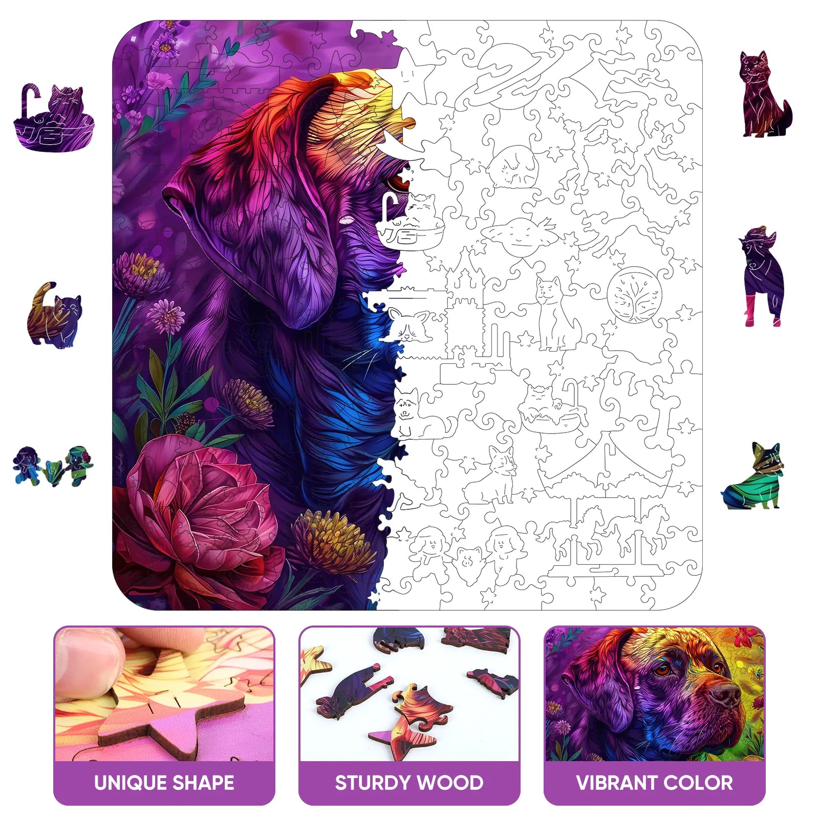 Colored dog wooden puzzle with laser-cut wood pieces