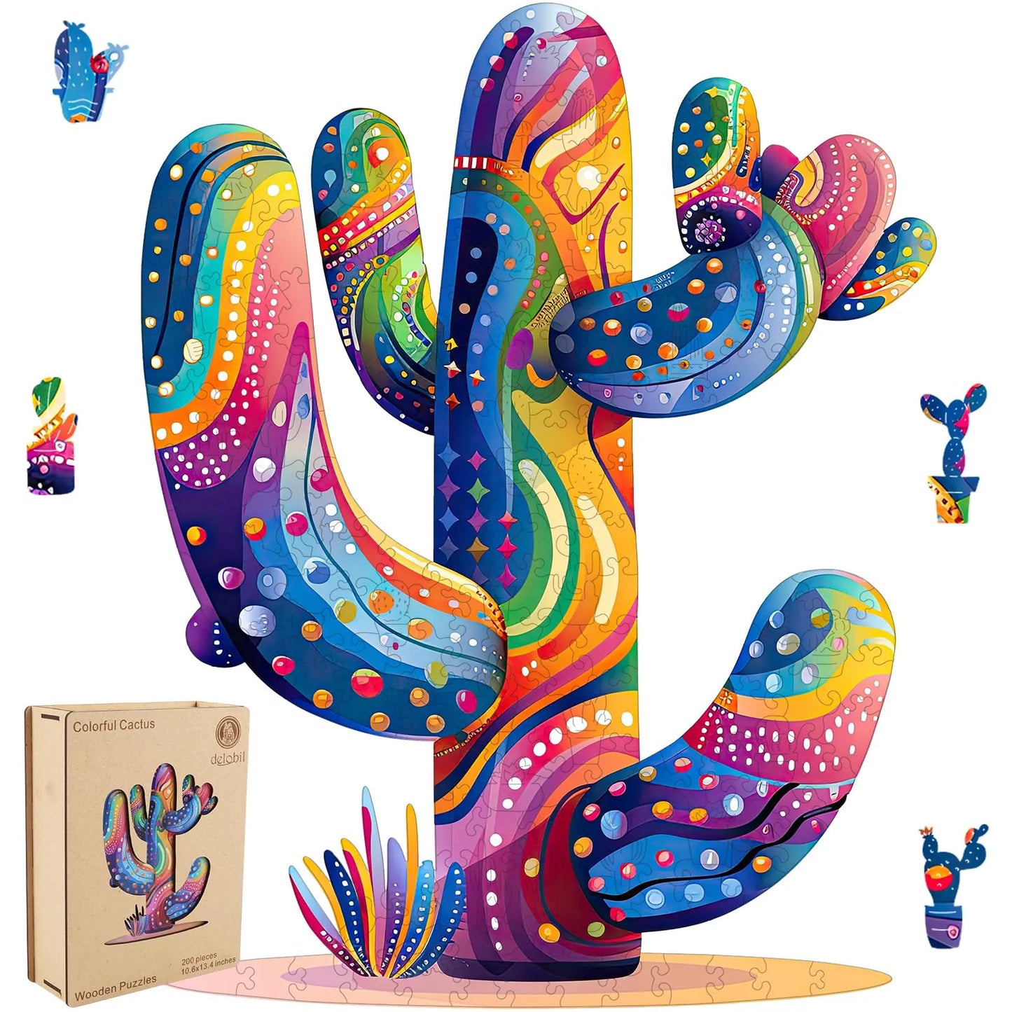 Colorful cactus wooden jigsaw puzzle for adults with unique shaped pieces