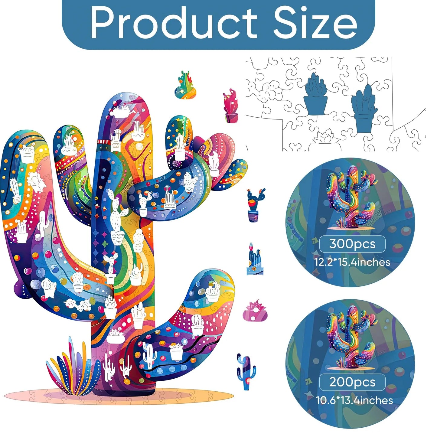 Whimsical wooden jigsaw puzzle – playful cactus design