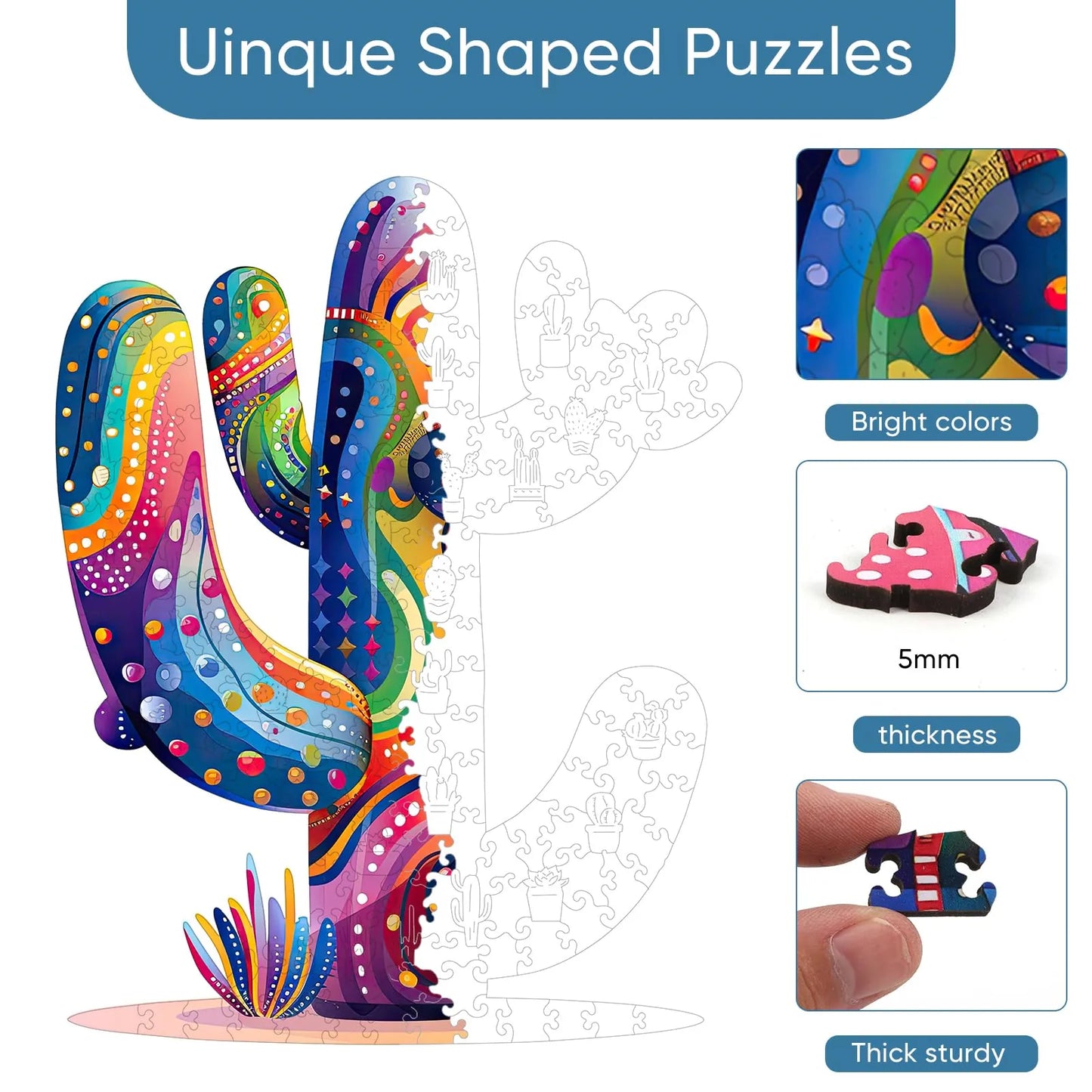 Wooden jigsaw puzzle gift – colorful cactus design
