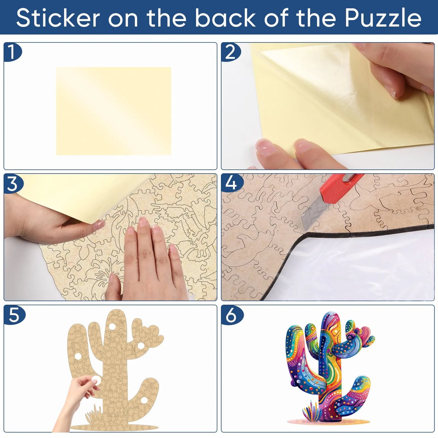 Colorful cactus wooden puzzle with laser-cut wood pieces