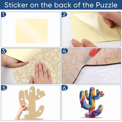 Colorful cactus wooden puzzle with laser-cut wood pieces