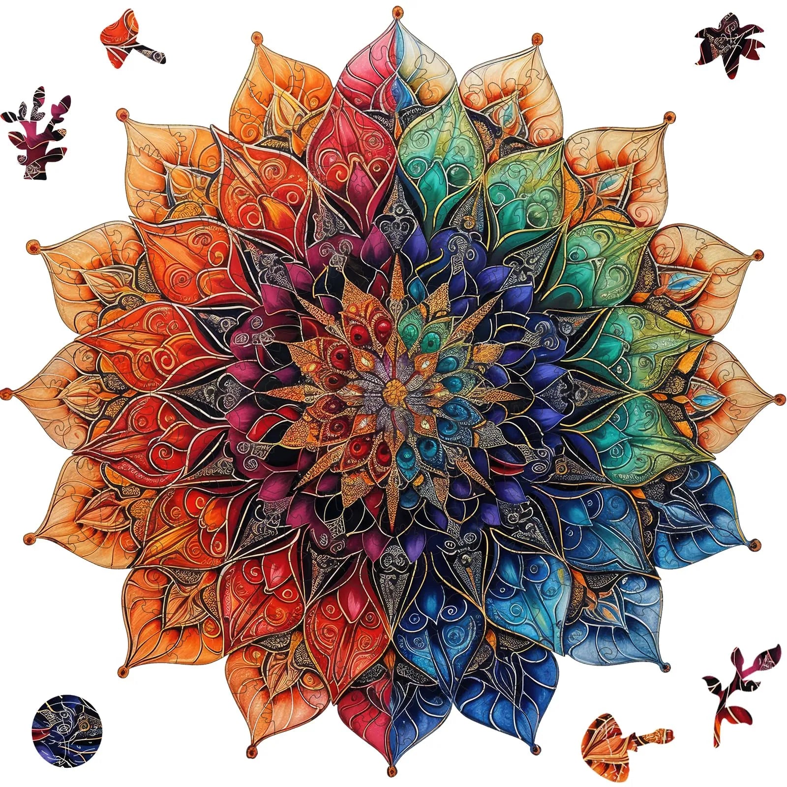 Colorful mandala wooden jigsaw puzzle for adults with unique shaped pieces