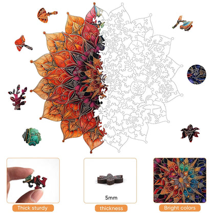 Colorful mandala wooden puzzle with laser-cut wood pieces