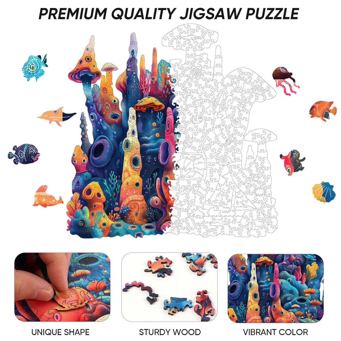 Coral wooden puzzle with laser-cut wood pieces