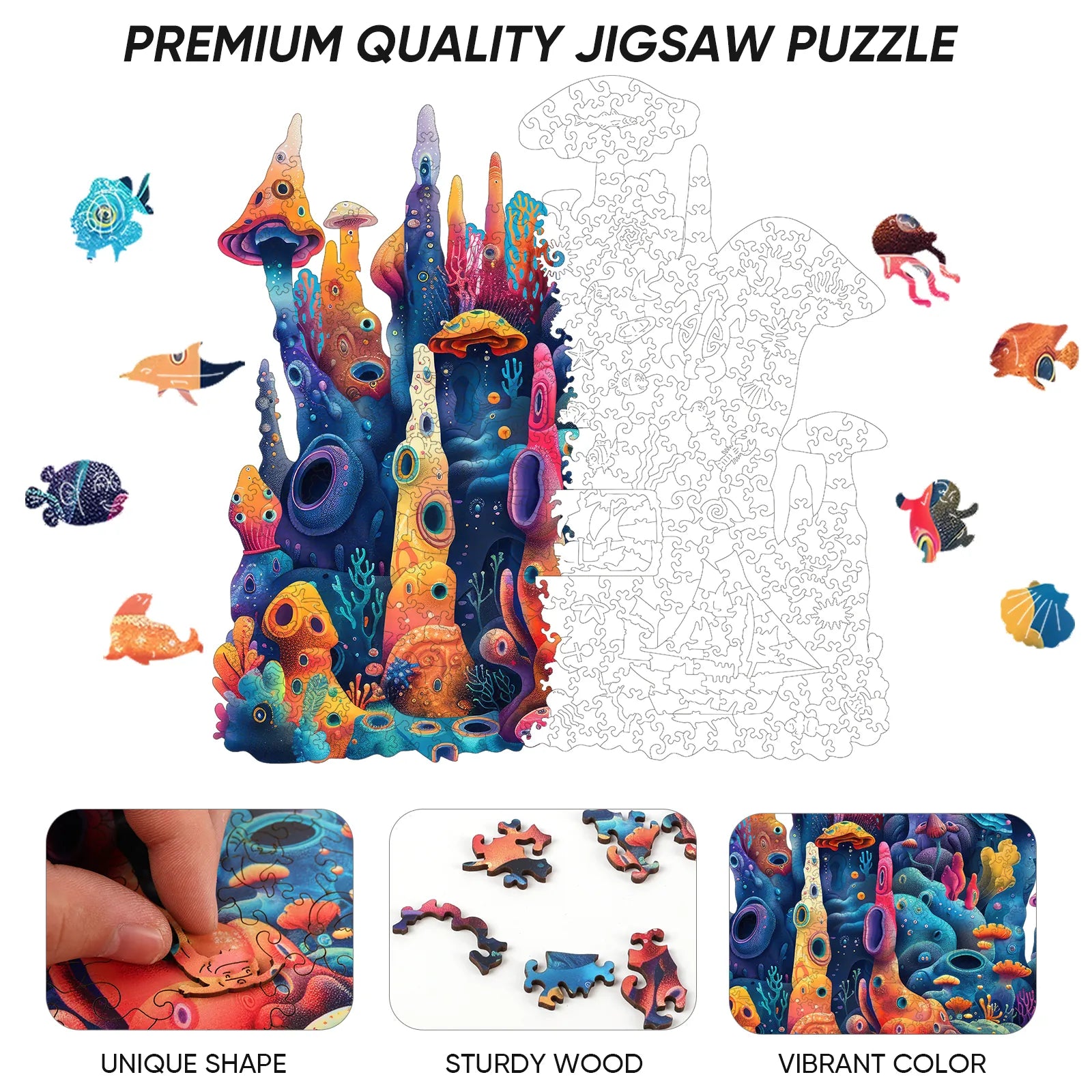 Coral wooden puzzle with laser-cut wood pieces