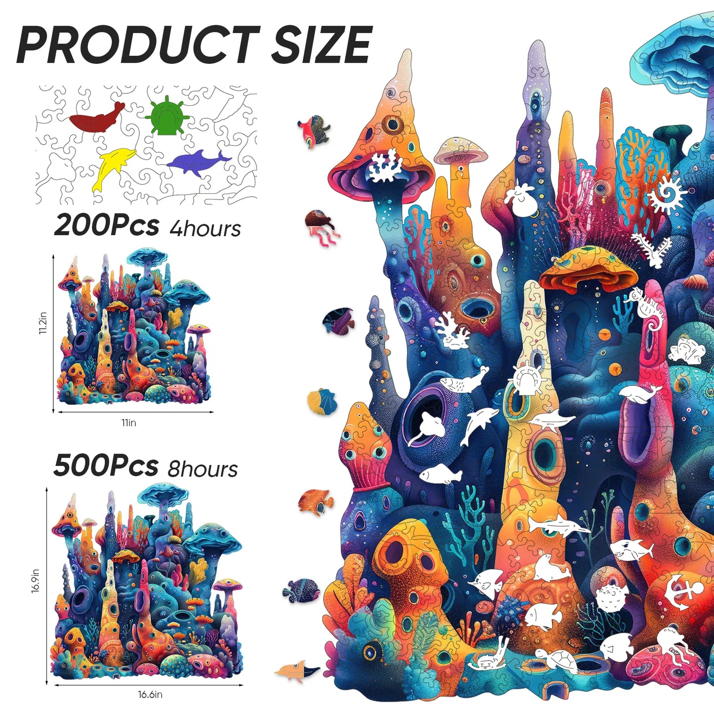 Whimsical wooden jigsaw puzzle – vivid coral design