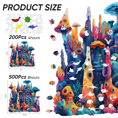 Whimsical wooden jigsaw puzzle – vivid coral design