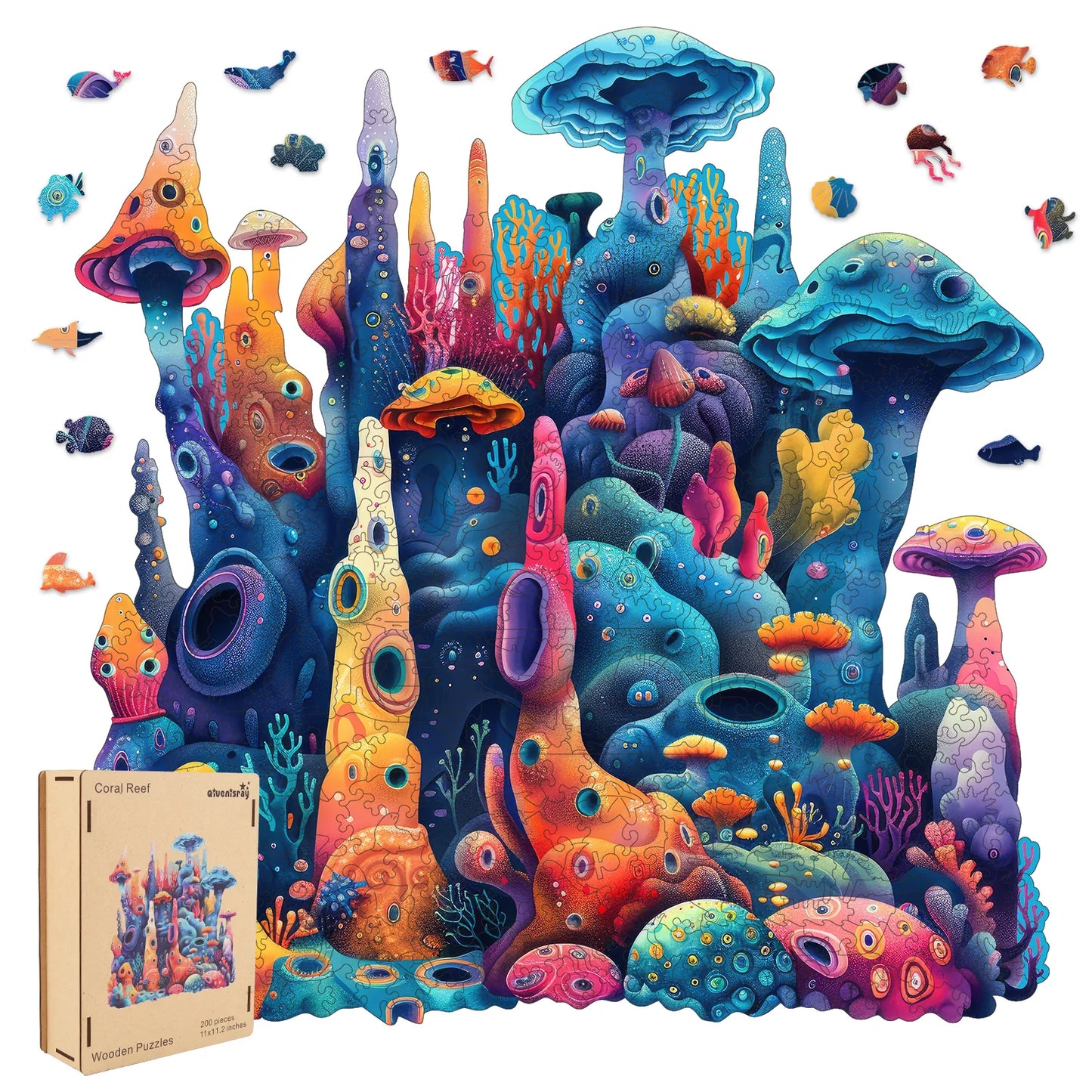 Coral wooden jigsaw puzzle for adults with unique shaped pieces
