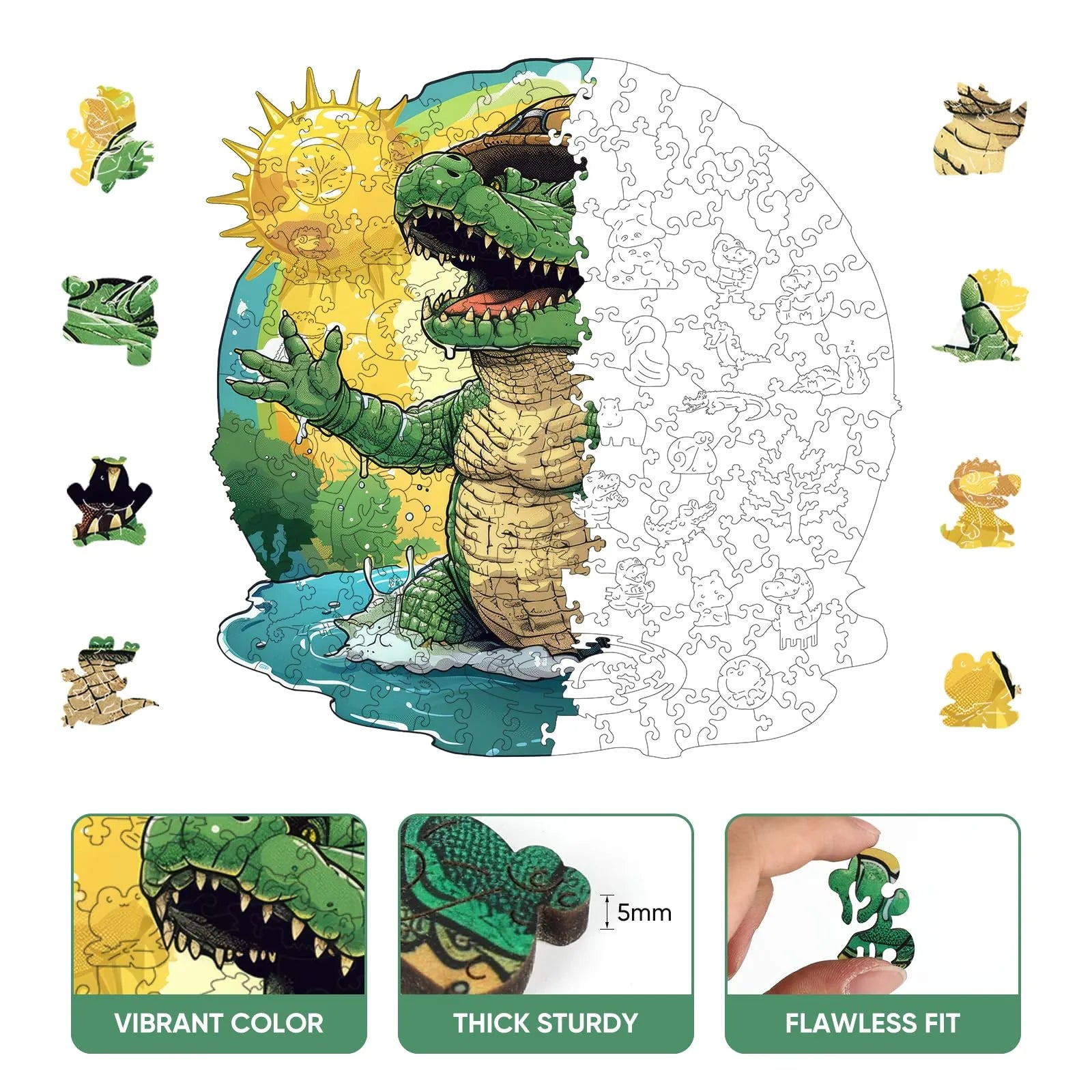 Crocodile wooden puzzle with laser-cut wood pieces