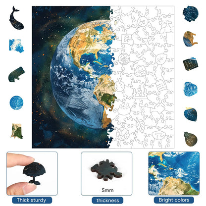Whimsical wooden jigsaw puzzle – Earth from space design