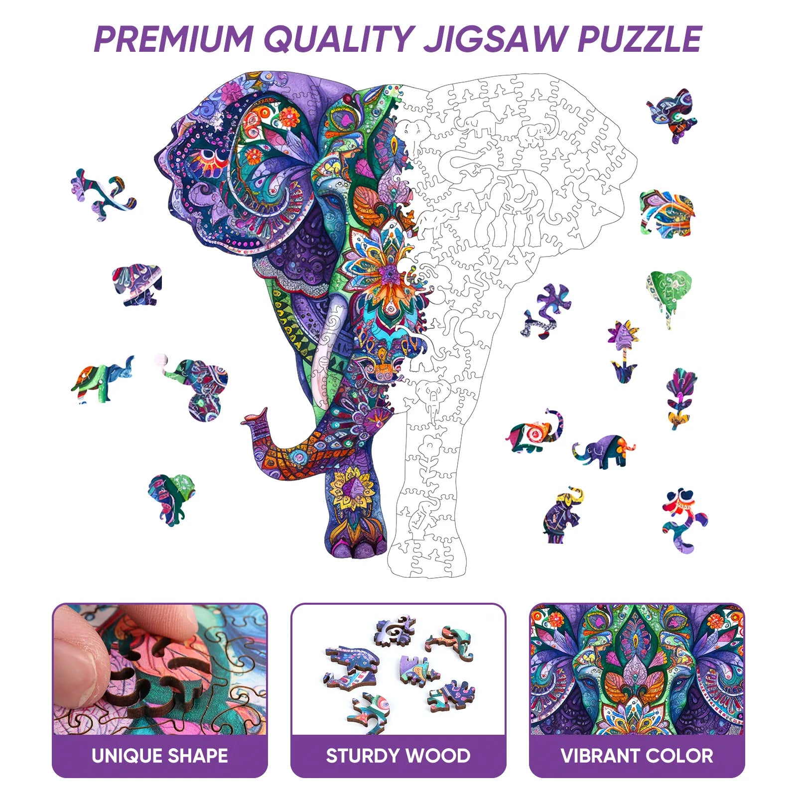 Elephant wooden puzzle with laser-cut wood pieces